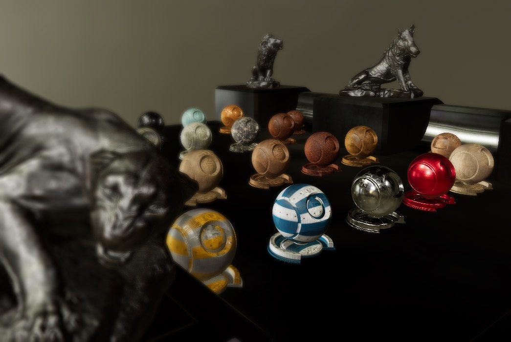 A scene with shader balls showcasing PBR materials and other graphics features rendered by Atom