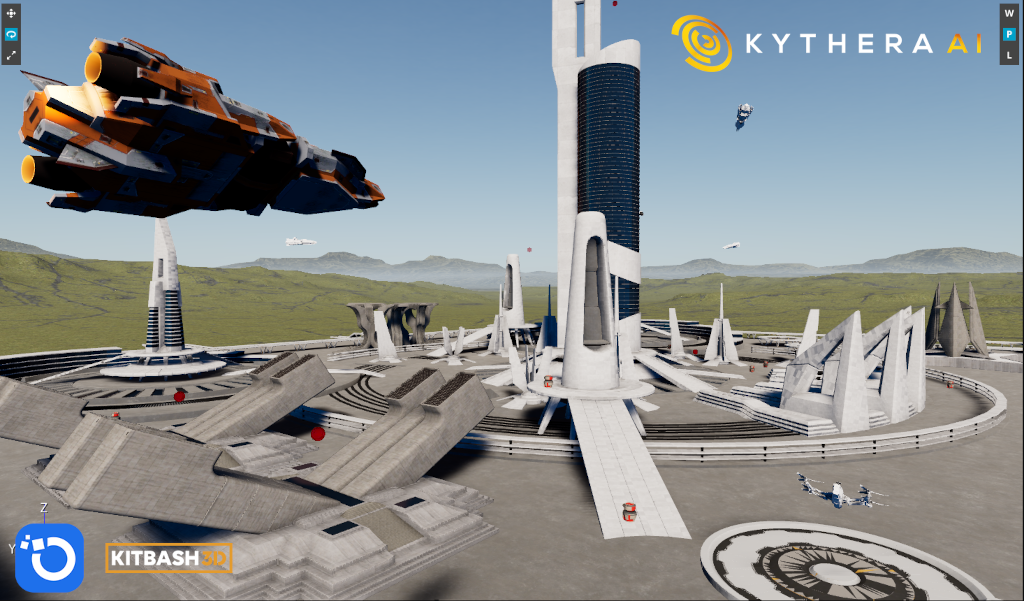 A ship navigates Kythera City in 3D