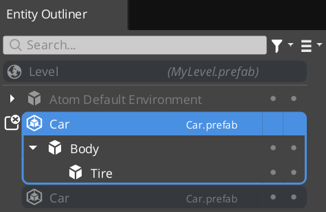 Edit Mode Entered on Car Prefab in Entity Outliner.