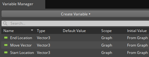 The Variable Manager tool with three Vector3 variables in it