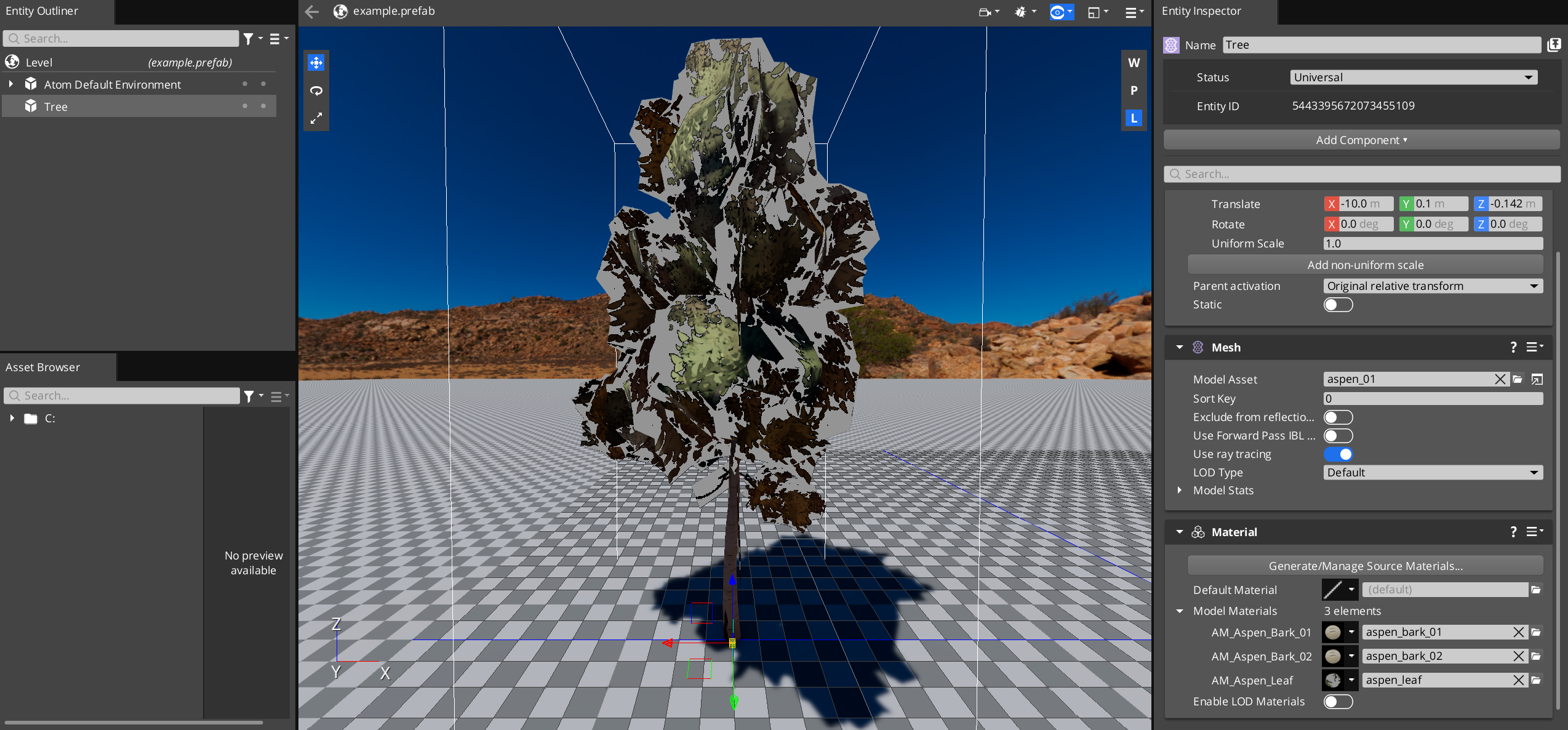 The tree in the Editor with new materials but with grey areas.