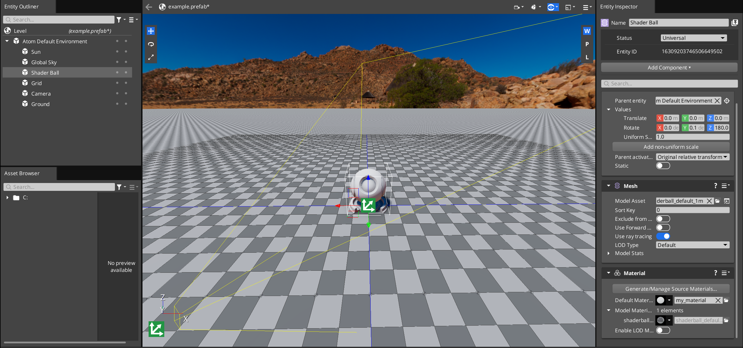 Adding a VegetationBending material to an object's Material component in the O3DE Editor.