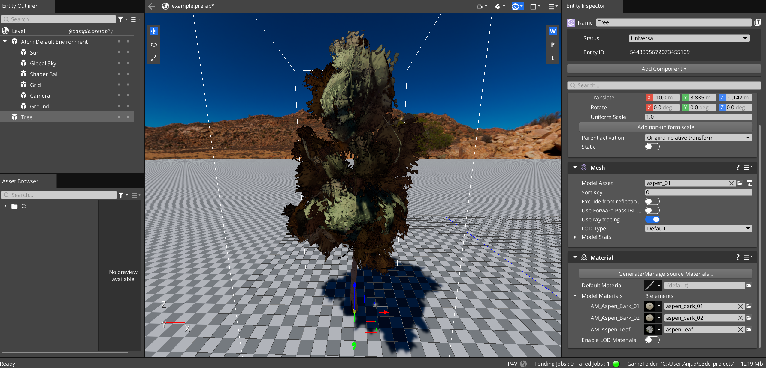 The tree properly rendered in the Editor with all appropriate passes added.