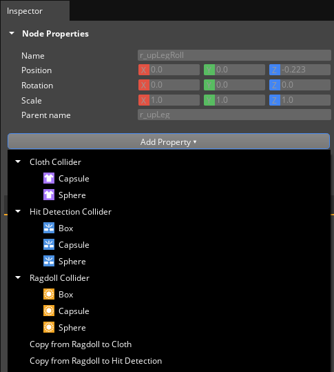 Add a ragdoll collider shape (box, capsule, or sphere) on the Inspector tab in the Animation Editor