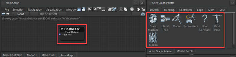 Blend Tree node and additional nodes in the Anim Graph Palette.