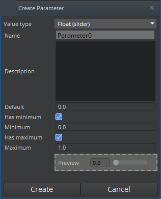 Create Parameter window in the Animation Editor.
