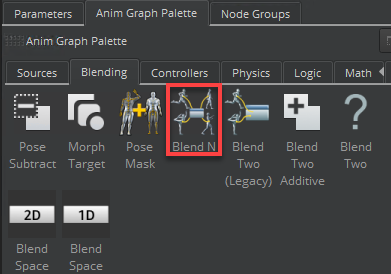 On the Anim Graph Palette tab, select the Blending tab, and then drag Blend N into the animation graph.