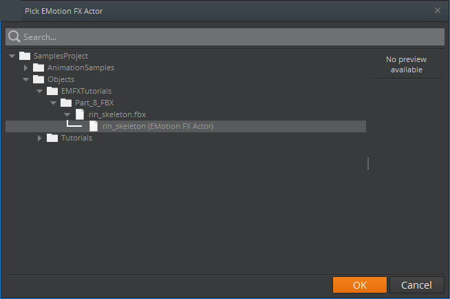 Choose an actor to import in the Pick EMotion FX Actor window.