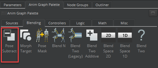 On the Anim Graph Palette tab, select the Blending tab, and then drag Pose Subtract into the animation graph.