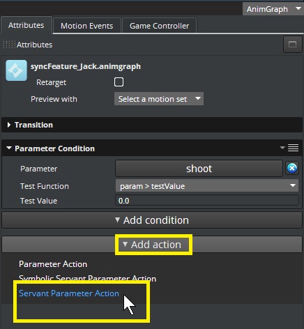 Click Add action, Servant Parameter Action.