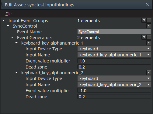 Sample input bindings asset for sync control in the Input Bindings Editor.