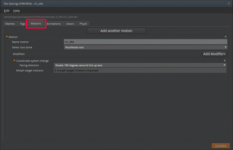 Motions tab in the FBX Settings window.
