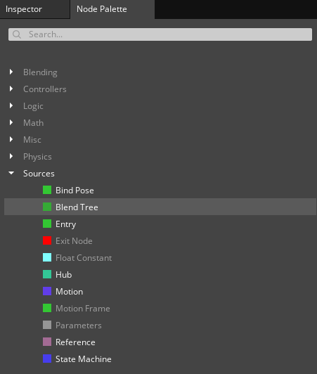 Add a Blend Tree node to the animation graph from the context menu or the Anim Graph Palette in the Animation Editor