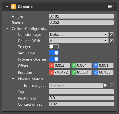 Set the Offset, Rotation, Height, and Radius properties for the ragdoll collider on the Inspector tab in the Animation Editor