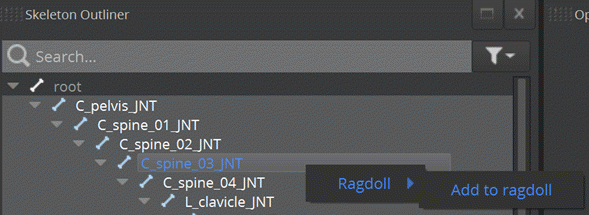Add a selected joint to the ragdoll in the Skeleton Outliner in the Animation Editor