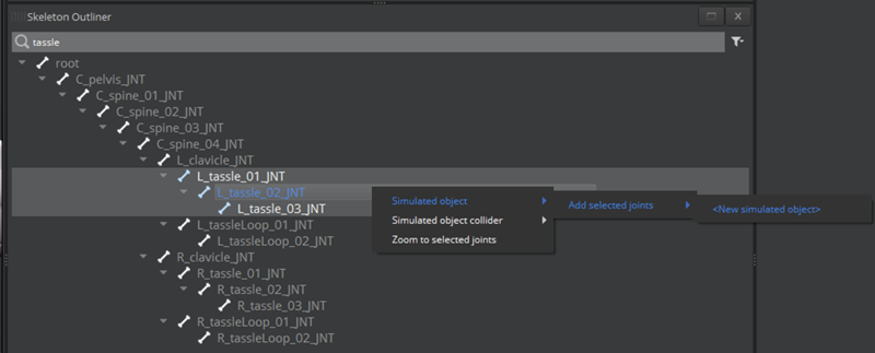 Select bones to create a simulated object in the Animation Editor.