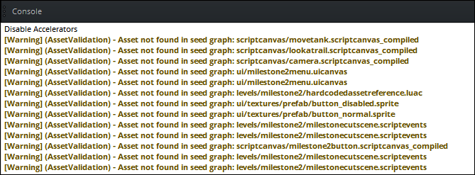 Asset not found in seed graph errors in the O3DE console window.