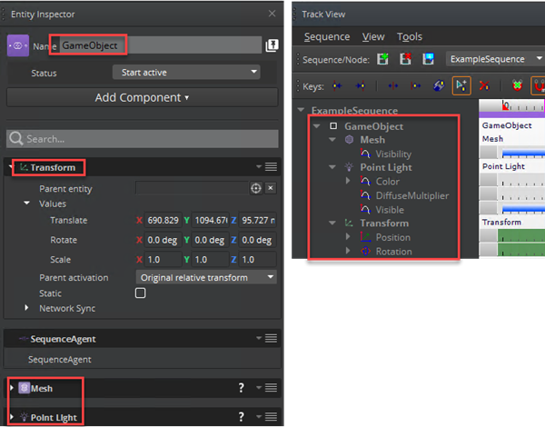 Track View and the Entity Inspector with the same component entities.