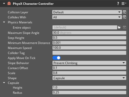 PhysX Character Controller component properties in the Entity Inspector.