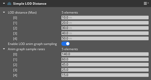 Add the Simple LOD Distance component to an entity to set display distances for each LOD mesh group.