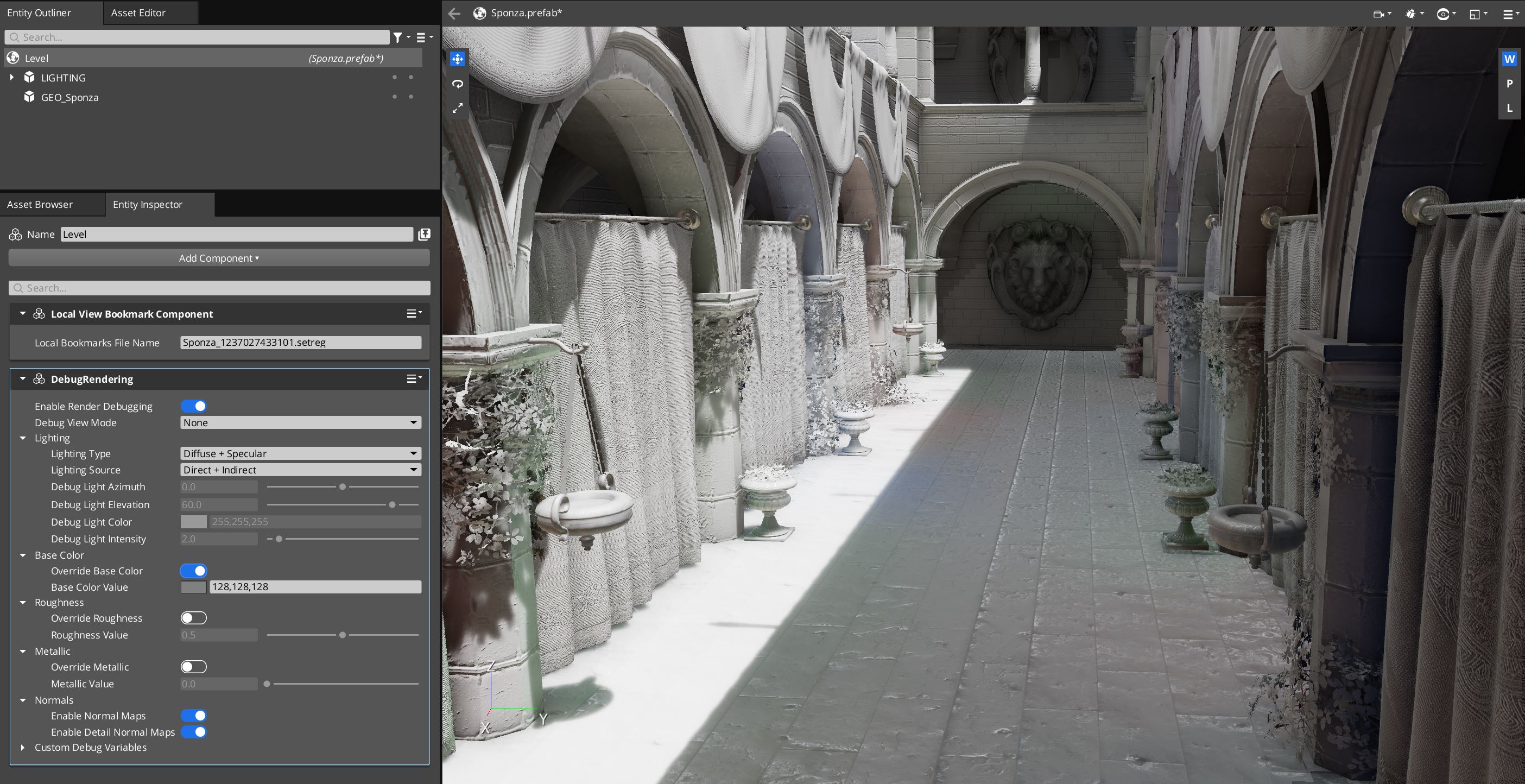 Screenshot overriding the base color in the scene to grey
