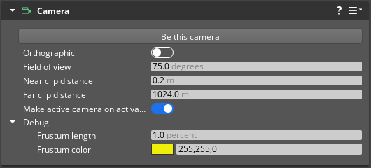 Camera component properties in the Entity Inspector.
