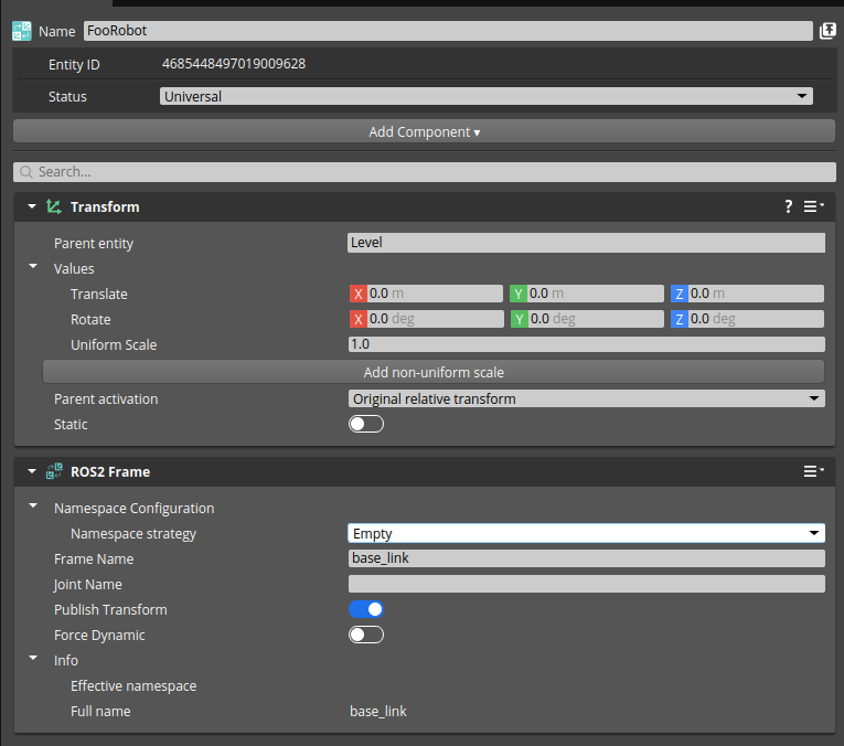 ROS 2 Frame component properties - empty namespace