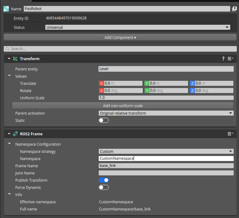 ROS 2 Frame component properties - generate from entity name namespace