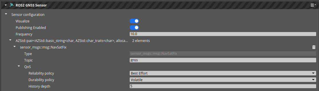 ROS 2 GNSS Sensor Component Properties