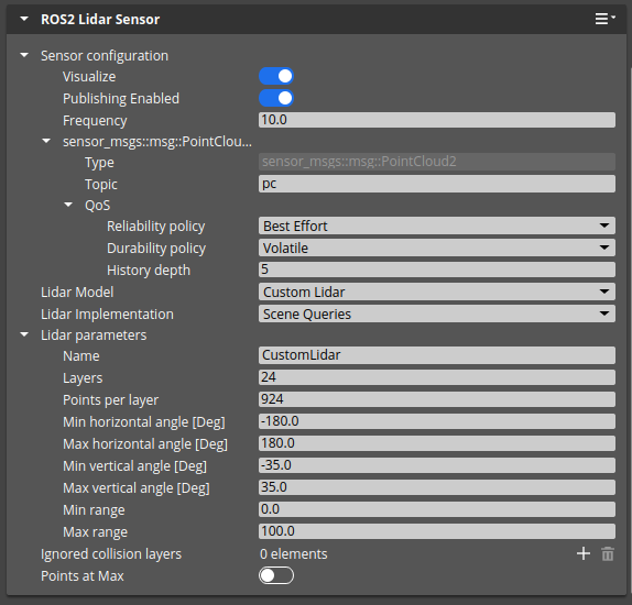 ROS 2 Lidar Sensor component properties