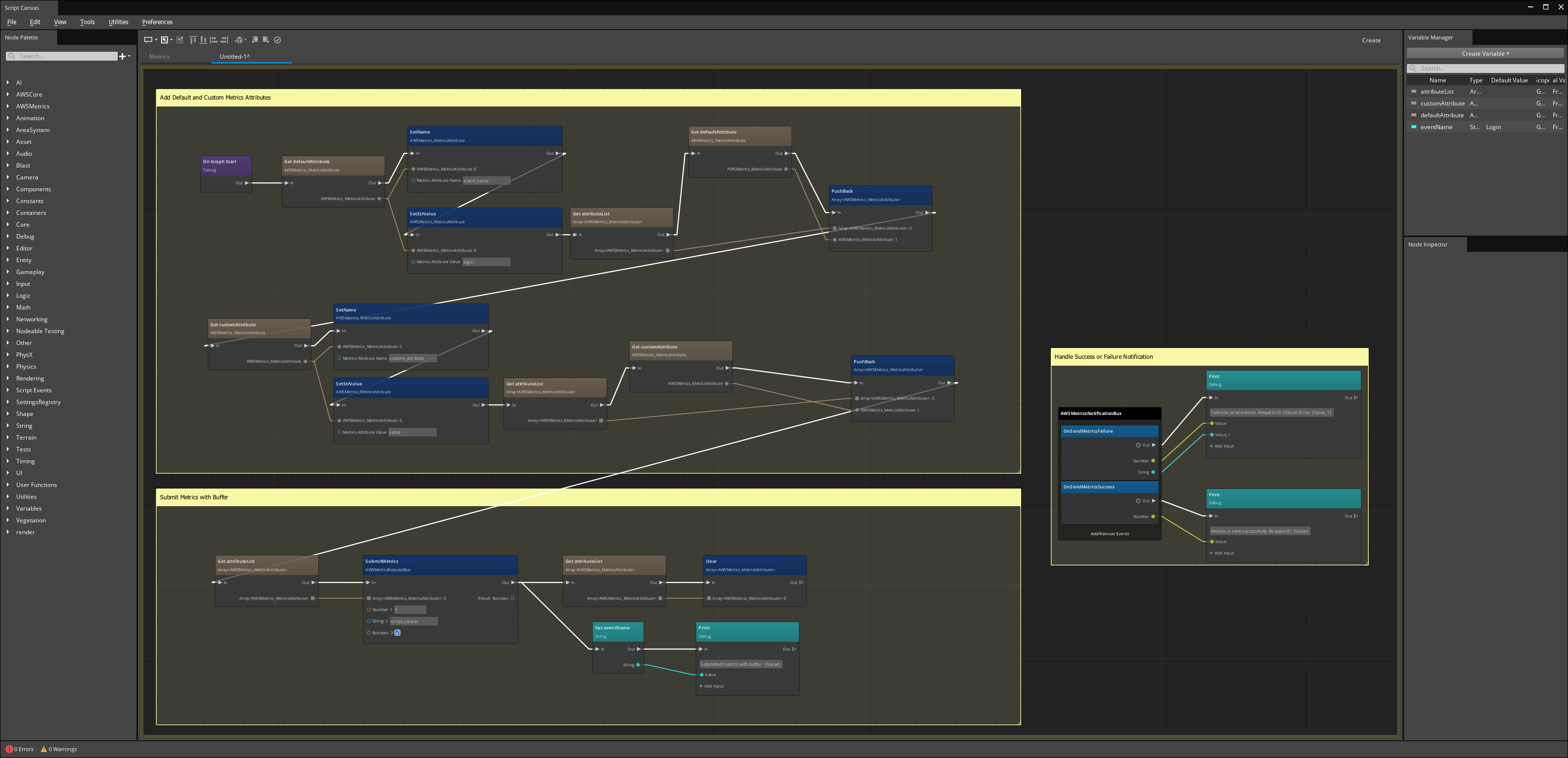 Script Canvas graph example of submitting a metrics event