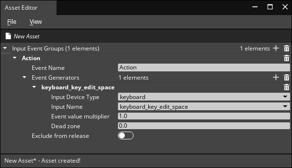 Input bindings configuration example in Asset Editor.