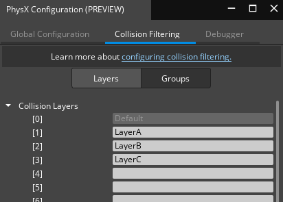 Creating Layers in the PhysX Configuration tool.