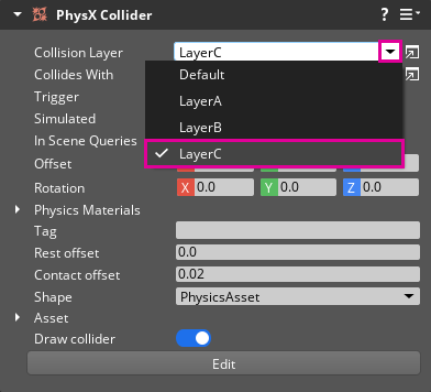 The PhysX Collider component in the Entity Inspector.