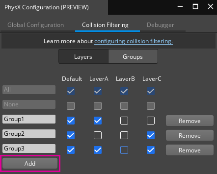Adding Collision Groups in the PhysX Configuration tool.