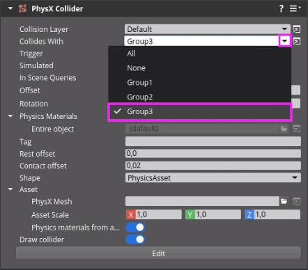 Choosing a collision group for the PhysX Collider component in the Entity Inspector.