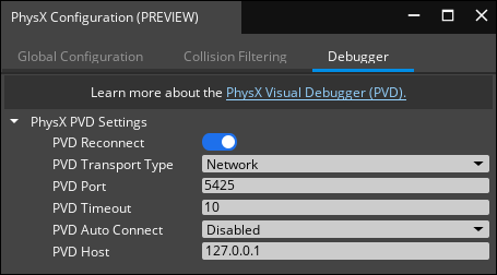 PhysX Visual Debugger settings.