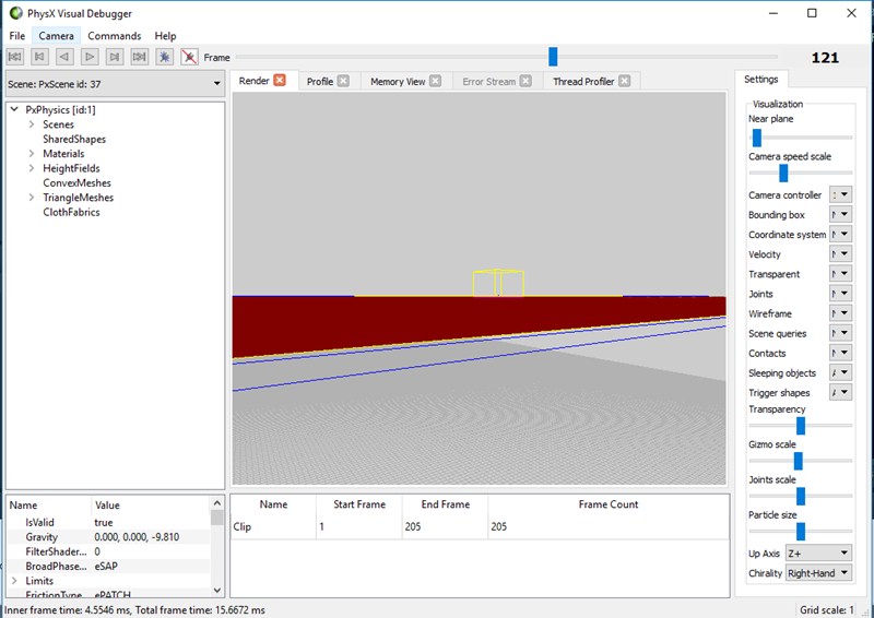Review the recorded data from O3DE Editor in PhysX Visual Debugger.