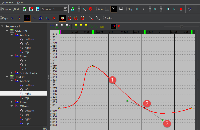 Example elements of a curve in the Curve Editor.