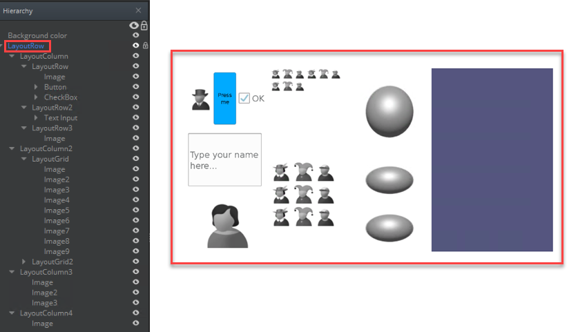 Hierarchy pane with LayoutRow and children