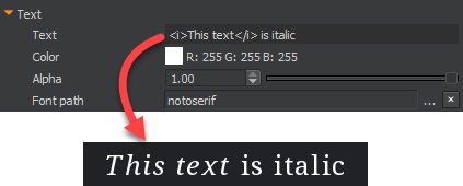Example that uses a Text component to add italics in the UI Editor.
