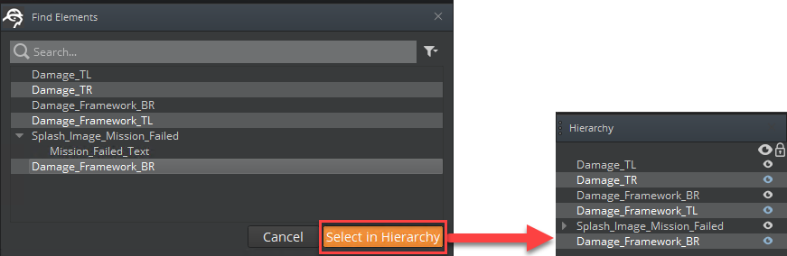 Choose Select in Hierarchy to transfer your selections to the Hierarchy panel.