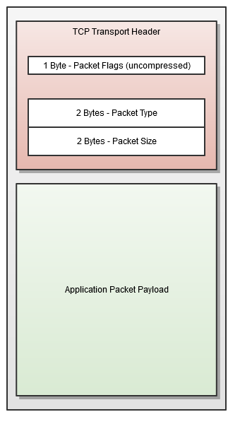 TCP packets: Flags 1 byte, type 2 bytes, size 2 bytes