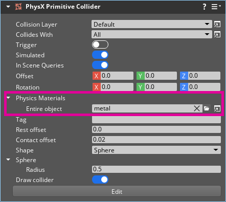 PhysX Collider, setting the physics materials.