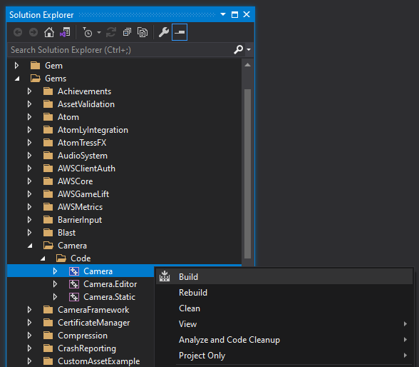 Building a Gem in Visual Studio with the context menu of the Solution Explorer