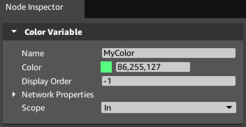 Example of Color variable properties in the Script Canvas Node Inspector.