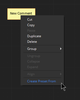 Creating a preset from an existing comment in Script Canvas.