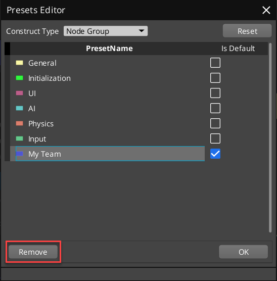 Using the Presets Editor in Script Canvas to remove a comment preset.