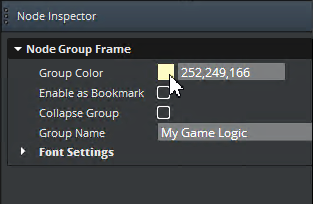 Click the Group Color icon in the Script Canvas Node Inspector to customize the color of a node group.