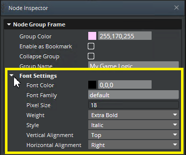 Expand a node group&rsquo;s Font Settings section in the Script Canvas Node Inspector.